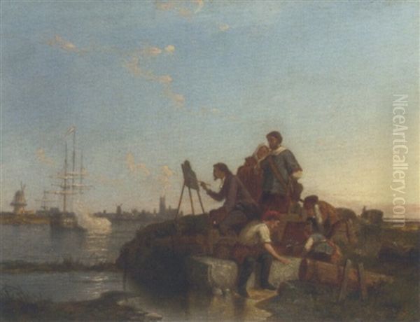 The Artist, Pieter Cornelis Dommersen, Painting A Dutch River Scene With A Warship Saluting It's Arrival - view 1