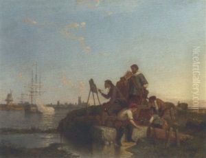 The Artist, Pieter Cornelis Dommersen, Painting A Dutch River Scene With A Warship Saluting It's Arrival by Pieter Cornelis Dommershuijzen