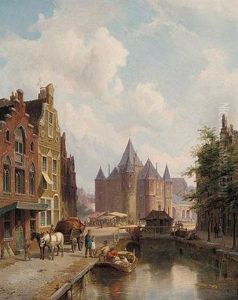A Canal In Amsterdam by Pieter Cornelis Dommershuijzen
