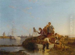 The Artist Painting A Dutch Warship From The Banks Of An Estuary by Pieter Cornelis Dommershuijzen