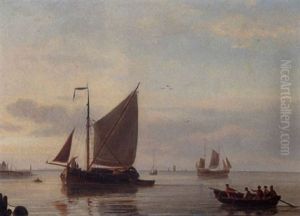A Calm Dutch Estuary With Sailing Boats And Fishermen by Pieter Cornelis Dommershuijzen