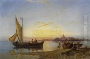 A Dutch River Scene With Figures And Boats At Sunset by Pieter Cornelis Dommershuijzen