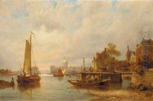 Barges On A River Near A Town In Summer Barges On A River Near A Town In Summer