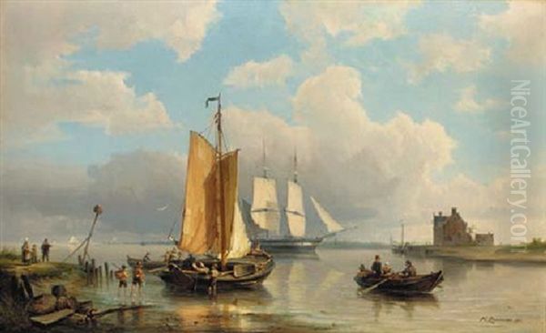 A River Estuary With Fishermen Unloading The Catch With A Two-master Beyond - view 1