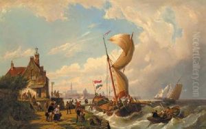 Passengers Boarding A Barge At The Goeser Veerhuis With Goes In The Distance by Pieter Cornelis Dommershuijzen