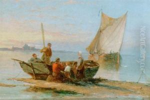 Figures By A Fishing Boat In A Bay by Pieter Cornelis Dommershuijzen