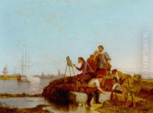 The Artist Painting A Dutch River With A Warship Saluting Beyond