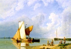 Fishing Vessels In A Calm With Fisherfolk On The Shore by Pieter Cornelis Dommershuijzen