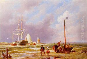 An Anchored Two-master In An Estuary, With A Storm Approaching