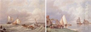 Figures On The Banks Of A River, Shipping Beyond by Pieter Cornelis Dommershuijzen