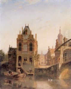 A View In A Dutch Town With Figures In A Boat Before A Bridge