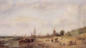 Fisherfolk On A Beach Before A Dutch Town by Pieter Cornelis Dommershuijzen