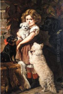 A Little Girl With A Labrador, An English Toy Terrier, A Bichon Frise And It's Puppy by Edith Arkwright