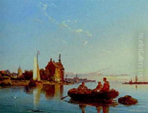 Fisherfolk Collecting Lobster Pots In An Estuary by Pieter Cornelis Dommershuijzen