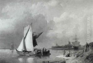A River Landscape With Figures On A Bank by Pieter Cornelis Dommershuijzen