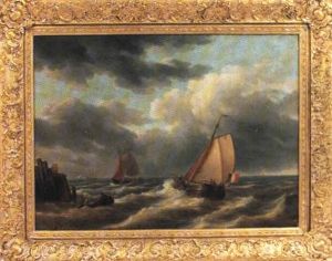 Marin Med Segelbatar, Vid Horisonten Stadssilhuett by Pieter Cornelis Dommershuijzen
