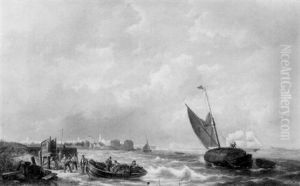 A River-estuary With A Hay-barge And Fishermen In A         Rowing-boat Unloading The Catch And A Town Beyond