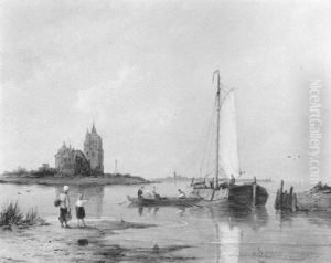 An Estuary With Fishermen In A Rowing-boat Approaching A    Vessel, A Fortified Mansion Beyond
