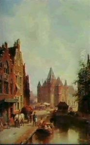 A Street Scene By A Canal by Pieter Cornelis Dommershuijzen
