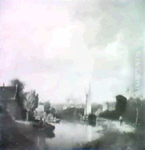 A Dutch River Landscape With A Barge And Windmills. by Pieter Cornelis Dommershuijzen