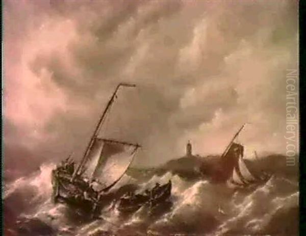 Sailors In A Rowing Boat And A Scow Off The Coast In Choppy Seas - view 1