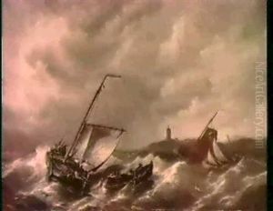 Sailors In A Rowing Boat And A Scow Off The Coast In Choppy Seas by Pieter Cornelis Dommershuijzen