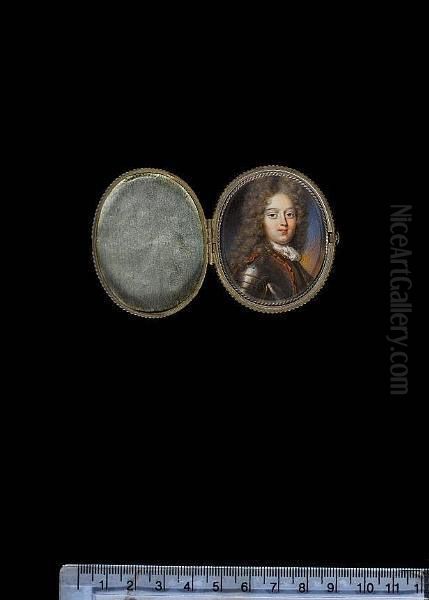 A Young Gentleman, Wearing Gold-studded Armour, The Scarlet Lining Trimmed With Gold, White Jabot And Full-bottomed Powdered Wig. - view 1