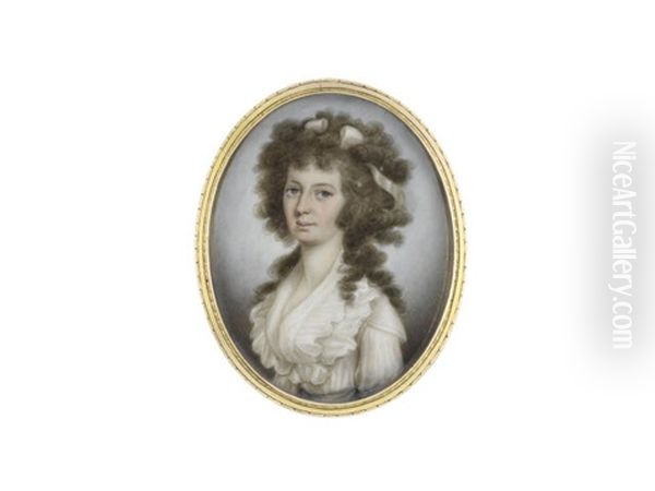 A Lady, Wearing White Dress And Fichu, Blue Sash To Her Waist, Her Natural Wig Worn A La Conseilleur And Secured With White Ribbon - view 1