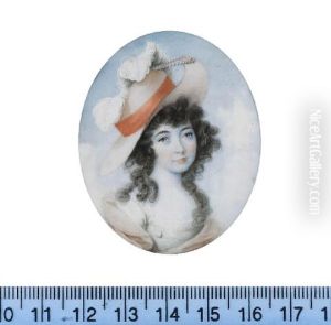 A Lady, Wearing White Dress With Lace Trim, Apricot Stole And Matching Hat With Orange Sash Ribbon, White Plumes And Strands Of Pearls, Her Dark Hair Worn A La Conseilleur by John Donaldson