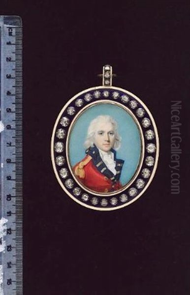 An Officer, Wearing Scarlet Coat With Blue Facings And Gold Epaulettes, White Waistcoat And Frilled Cravat, His Hair Powdered And Worn En Queue With A Black Ribbon Bow - view 1