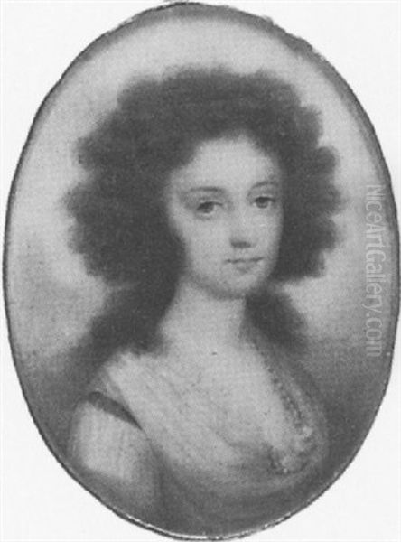 A Lady, In White Dress With Lace Neckline, Blue Ribbon At Her Shoulder, A String Of Pearls At Her Corsage - view 1