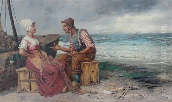 Fisherman Flirting With A Young Maiden On The Beach - view 1