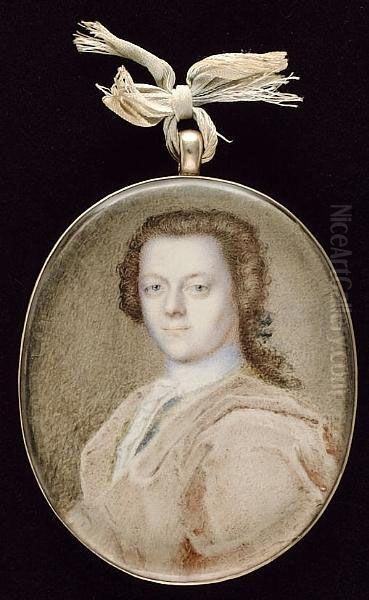 A Gentleman, Wearing A Pale Pink Cloak Over His Green And Yellow Coat, White Frilled Shirt And Stock, His Hair Curled And Worn En Queue - view 1