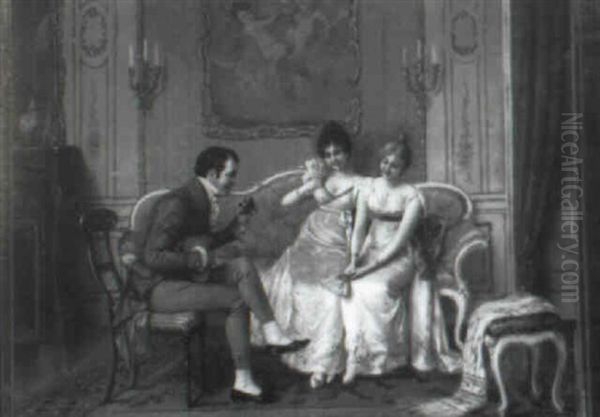 Young Man Serenading Two Young Women In Ornate Interior - view 1