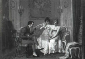 Young Man Serenading Two Young Women In Ornate Interior by Frederick Reginald Donat