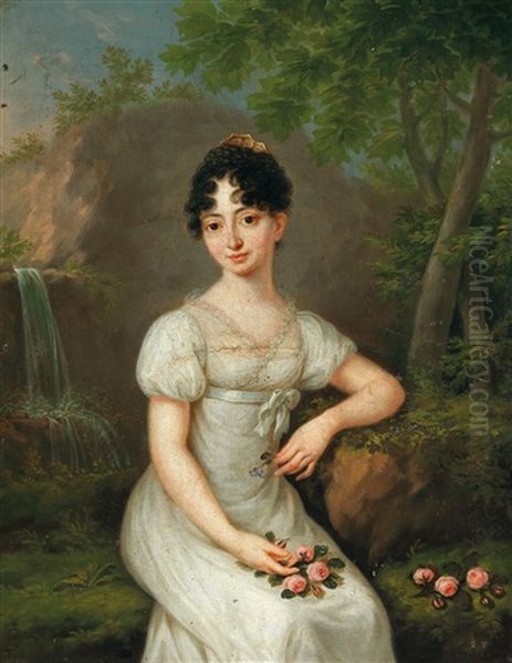 Girl With Roses By A Waterfall - view 1