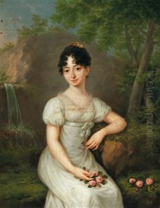 Girl With Roses By A Waterfall