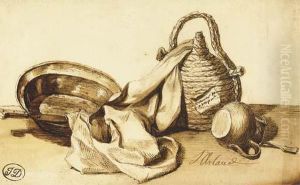 Une Nature Morte Avec Un Bassin, Un Couteau, Une Bouteille, Une Cruche Et Une Serviette Sur Une Table