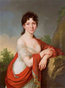 Bildnis Einer Jungen Dame In Einem Sandfarbenen Seidenkleid Mit Einer Roten, Farbig Bestickten Stola In Einer Landschaft An Einen Felsen Gelehnt by Johann Daniel Donat