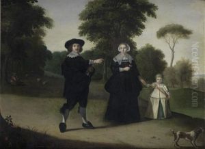 Portrait Of A Gentleman And His Family With Their Dog In An Open Landscape by Gerard van Donck