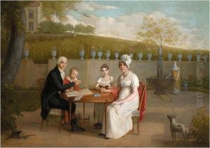 A Portrait Of The Arlaud Family, Seated At A Table In An Enclosed Garden, A Vineyard Beyond