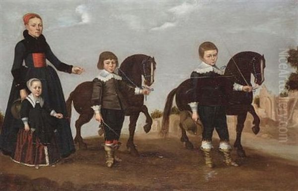 A Lady With Her Daughter And Two Sons With Tethered Miniature Horses, A View To Roman Ruins Beyond - view 1
