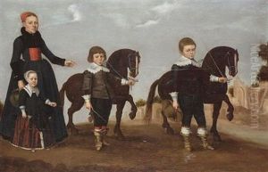 A Lady With Her Daughter And Two Sons With Tethered Miniature Horses, A View To Roman Ruins Beyond by Gerard van Donck