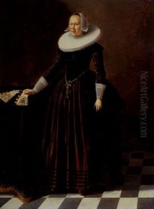 Portrait Of A Lady In An Interior Standing By A Table, Wearing A Red Satin Dress, Embroidered Bodice And White Ruff And Headdress Portrait Of A Lady In An Interior Standing By A Table, Wearing A Red Satin Dress, Embroidered Bodice And White Ruff And Headdress