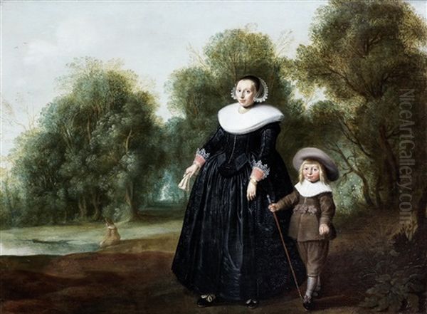 Portrait Of A Lady And Her Child Standing Before An Open Landscape - view 1