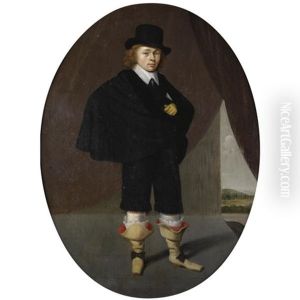 Portrait Of A Gentleman, Wearing A Black Cape, Black Trousers And A Black Hat, A Landscape Beyond