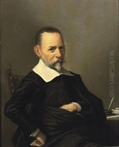 Portrait Of A Gentleman, In A Black Costume With A White Collar And Cuffs, Seated At A Writing Desk by Herman Mijnerts Doncker