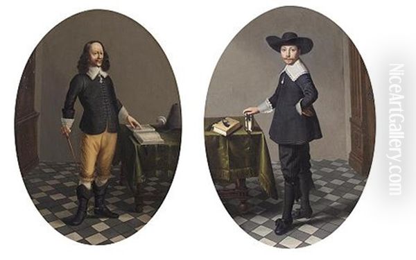 Portrait Of A Gentleman Standing Beside A Table With His Hand Resting On A Book (+ Portrait Of A Gentleman Pointing At A Book; Pair) - view 1