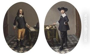 Portrait Of A Gentleman Standing Beside A Table With His Hand Resting On A Book (+ Portrait Of A Gentleman Pointing At A Book; Pair) by Herman Mijnerts Doncker