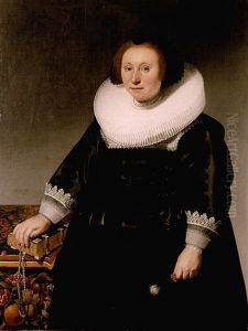 Portrait Of A Lady Wearing A Black Embroidered Dress And Standing Next To A Table With Her Hand On A Book by Herman Mijnerts Doncker